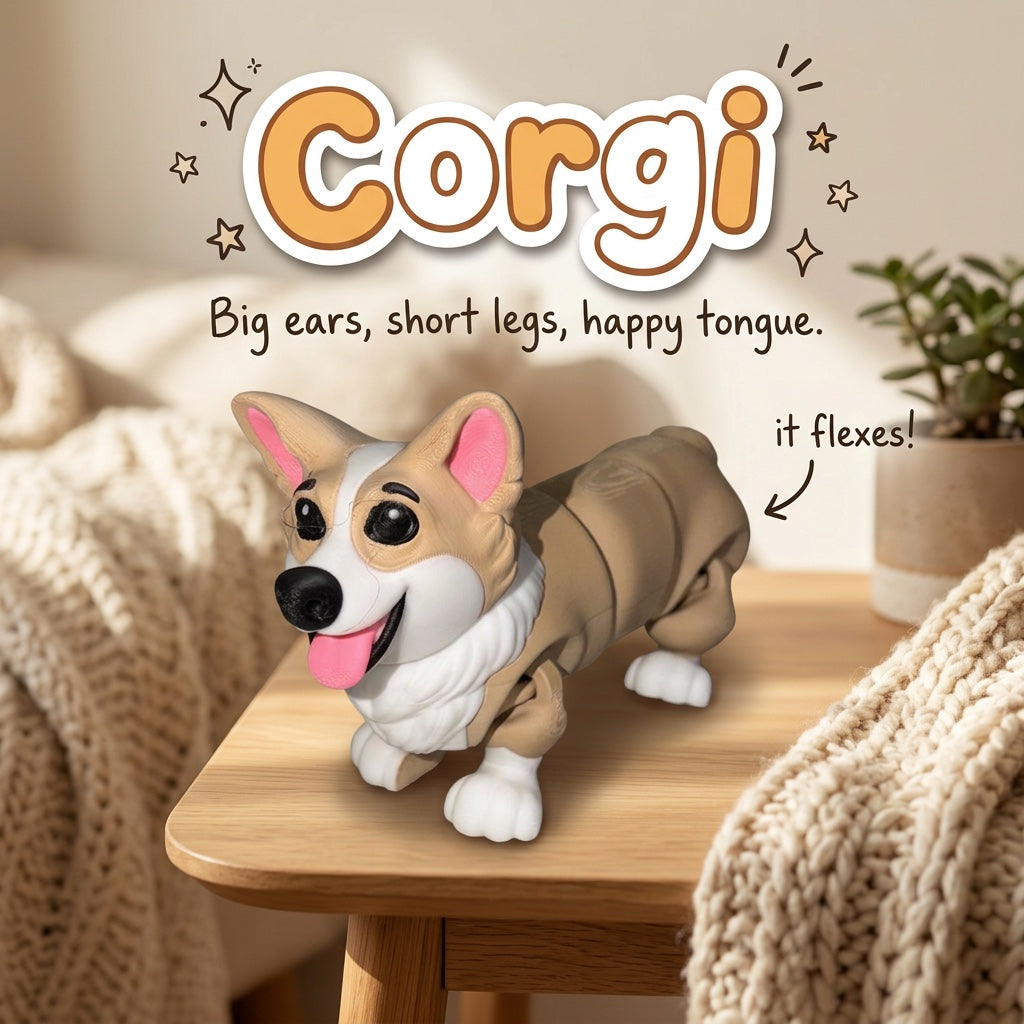 Corgi 3D printed articulated flexi toy by Cosmic 3D Creations, on a cozy side table with a knit blanket