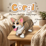 Corgi 3D printed articulated flexi toy by Cosmic 3D Creations, on a cozy side table with a knit blanket