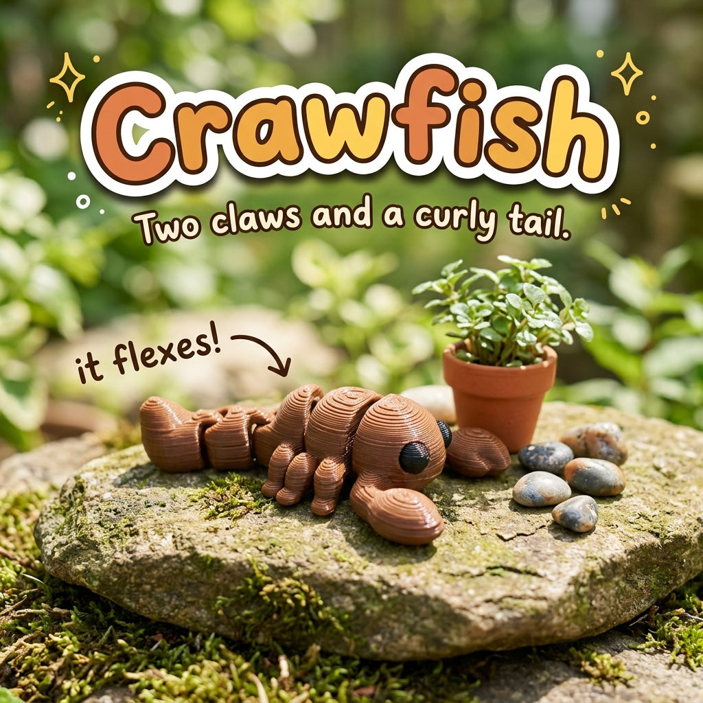 Crawfish 3D printed articulated flexi toy by Cosmic 3D Creations, on a mossy stone with plants