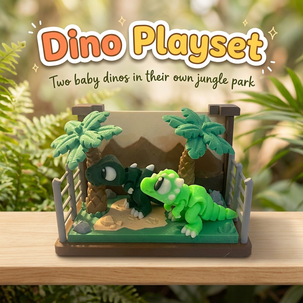 Dino Playset 3D printed fenced dinosaur park with palm trees and two baby dinosaurs