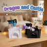 Dragon and Castle 3D printed articulated flexi toy by Cosmic 3D Creations, on a cozy shelf with fairy lights