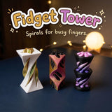 Fidget Tower 3D printed spiral fidget toys by Cosmic 3D Creations, on a navy desk with a globe lamp