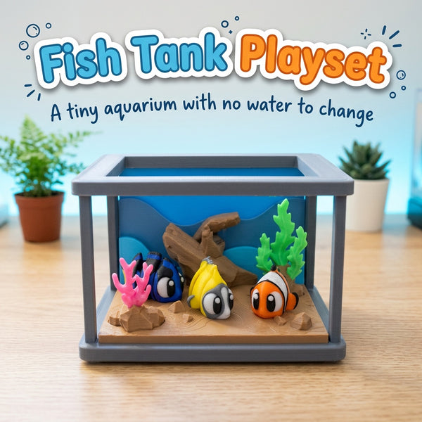 Fish Tank Playset 3D printed mini aquarium with coral, seaweed and three little fish