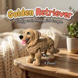 Golden Retriever 3D printed articulated flexi toy by Cosmic 3D Creations, on a cozy side table with a knit blanket