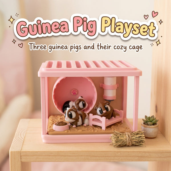 Guinea Pig Playset 3D printed pink cage with a wheel, bed, bowl and three guinea pigs