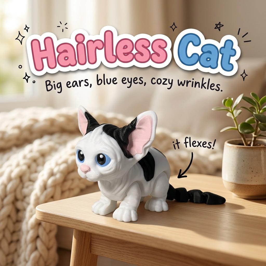 Hairless Cat 3D printed articulated flexi toy by Cosmic 3D Creations, on a cozy side table with a knit blanket