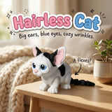 Hairless Cat 3D printed articulated flexi toy by Cosmic 3D Creations, on a cozy side table with a knit blanket