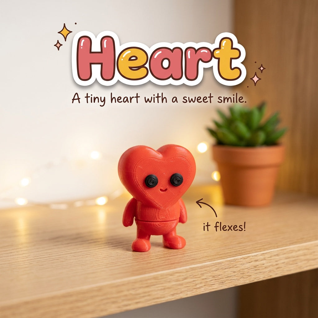 Heart 3D printed articulated flexi toy, on a cozy shelf with fairy lights