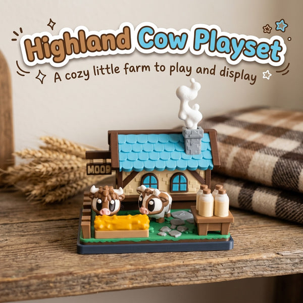 Highland Cow Playset 3D printed farmhouse with two cows and milk bottles, on a farmhouse shelf