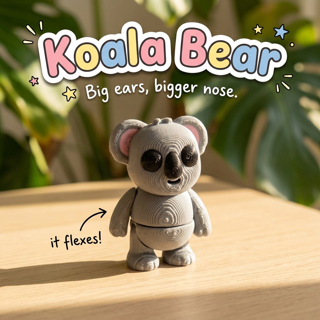 Koala Bear 3D printed articulated flexi toy by Cosmic 3D Creations, on a sunlit table with tropical leaves