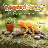 Leopard Gecko 3D printed articulated flexi toy by Cosmic 3D Creations, on a mossy stone with plants