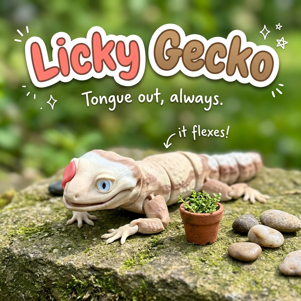 Licky Gecko 3D printed articulated flexi toy by Cosmic 3D Creations, on a mossy stone with plants