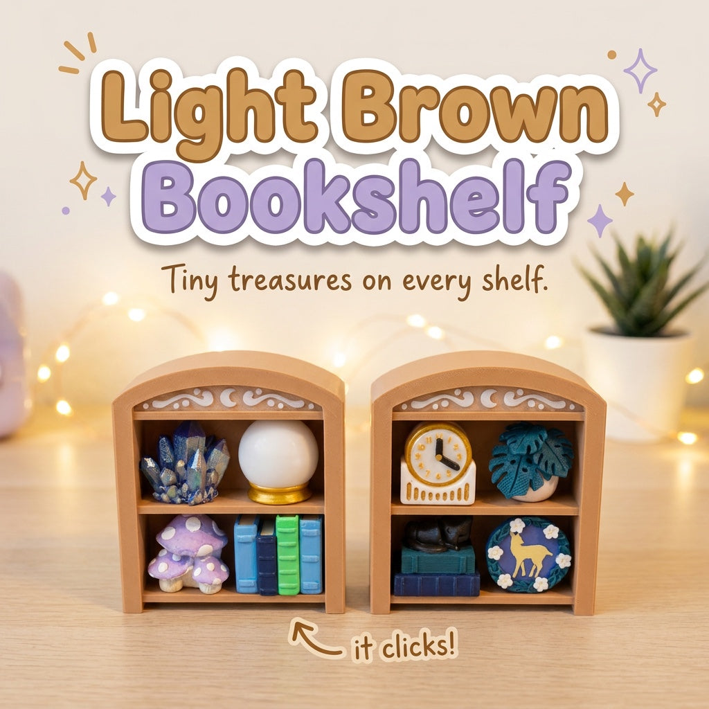 Light Brown Bookshelf 3D printed clicker fidget toy in Crystal and Clock styles, by fairy lights
