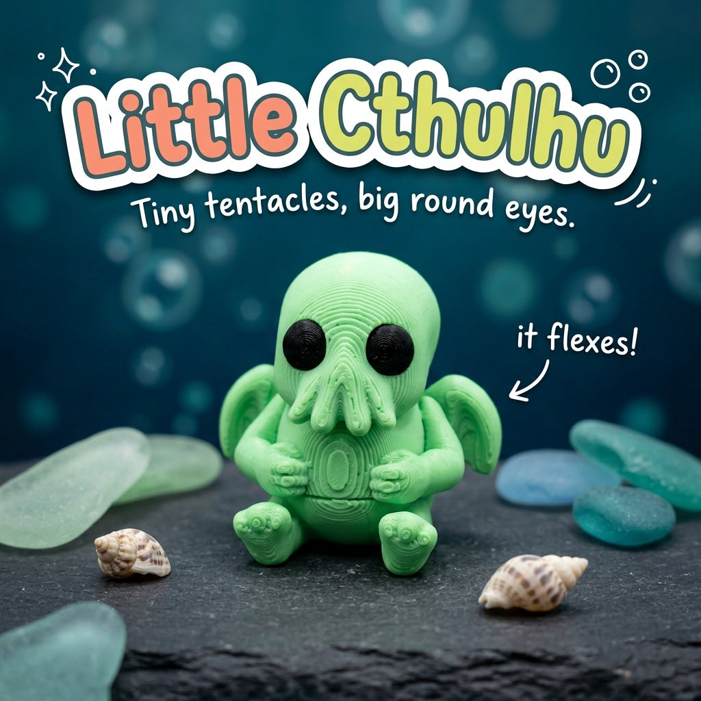 Little Cthulhu 3D printed articulated flexi toy by Cosmic 3D Creations, on slate with shells and sea glass