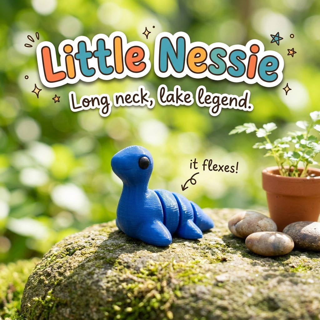 Little Nessie 3D printed articulated flexi toy by Cosmic 3D Creations, on a mossy stone with plants