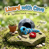 Lizard with Cave 3D printed articulated flexi toy by Cosmic 3D Creations, on a mossy stone with plants