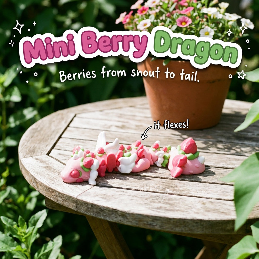 Mini Berry Dragon 3D printed articulated flexi toy by Cosmic 3D Creations, on a sunny garden table with flowers