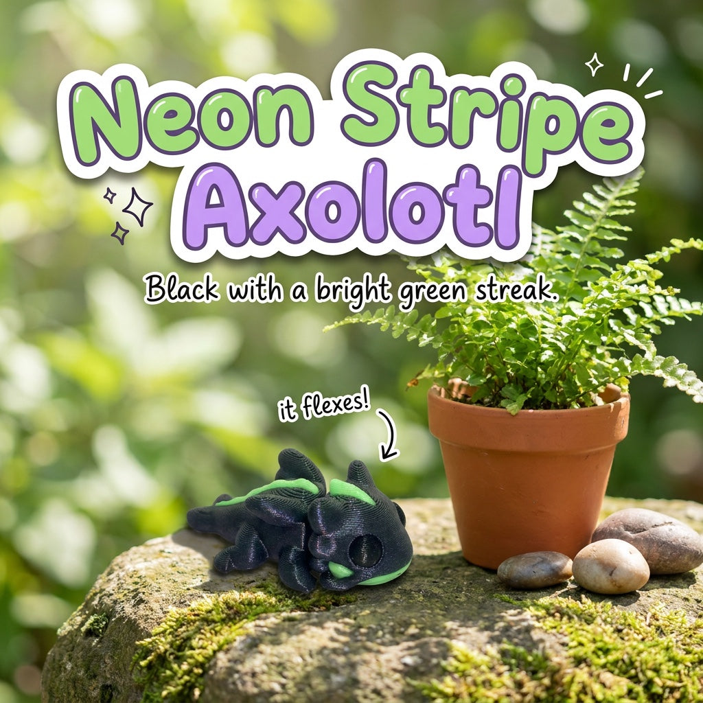 Neon Stripe Axolotl 3D printed articulated flexi toy, on a mossy stone with plants