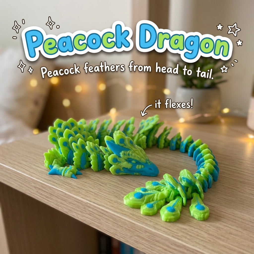Peacock Dragon 3D printed articulated flexi toy by Cosmic 3D Creations, on a cozy shelf with fairy lights