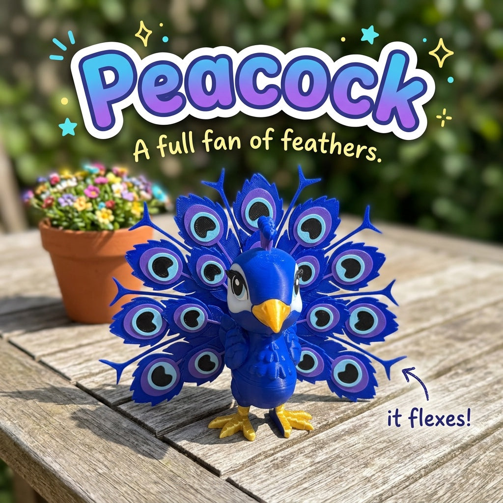 Peacock 3D printed articulated flexi toy by Cosmic 3D Creations, on a sunny garden table with flowers
