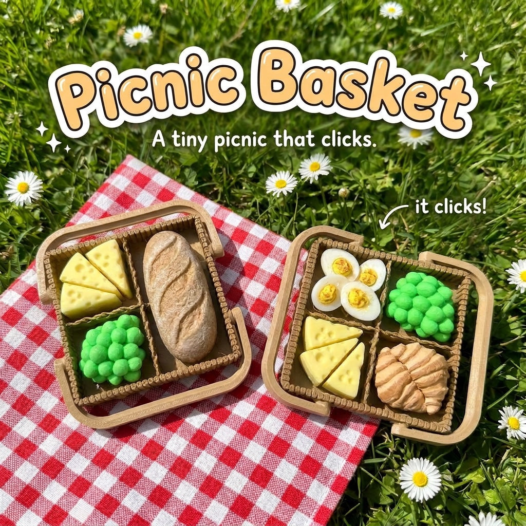 Picnic Basket 3D printed clicker fidget toy by Cosmic 3D Creations in two styles, with a bread loaf and with deviled eggs and a croissant, on a gingham picnic blanket