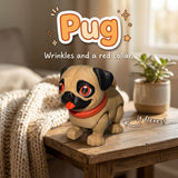 Pug 3D printed articulated flexi toy by Cosmic 3D Creations, on a cozy side table with a knit blanket