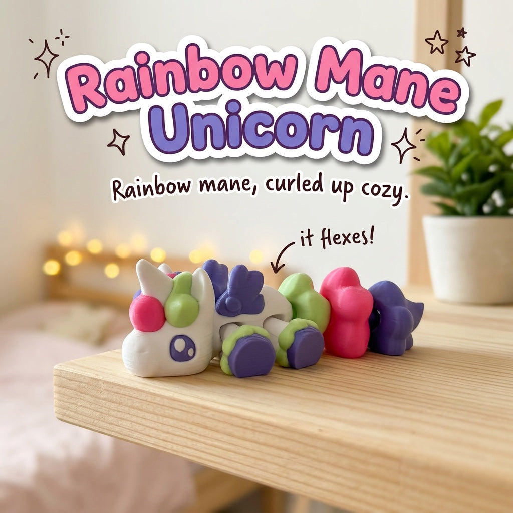 Rainbow Mane Unicorn 3D printed articulated flexi toy by Cosmic 3D Creations, on a cozy shelf with fairy lights