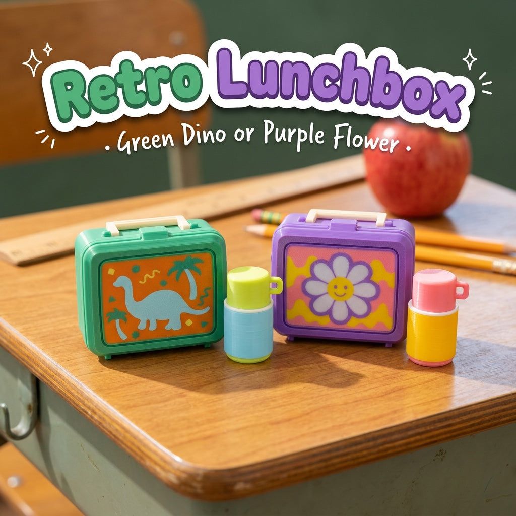 Retro Lunchbox 3D printed clicker fidget toy, Green Dino and Purple Flower lids with thermoses
