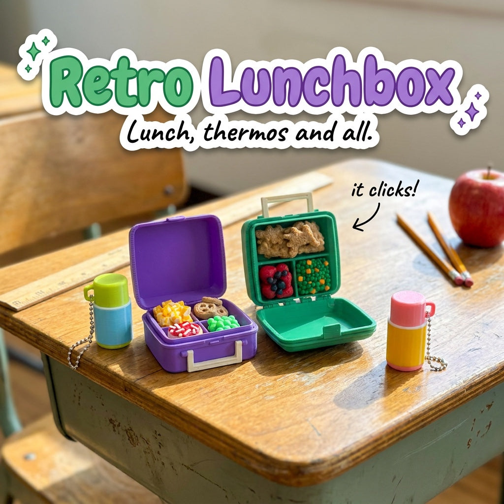 Retro Lunchbox 3D printed clicker fidget toy in green and purple with mini thermoses