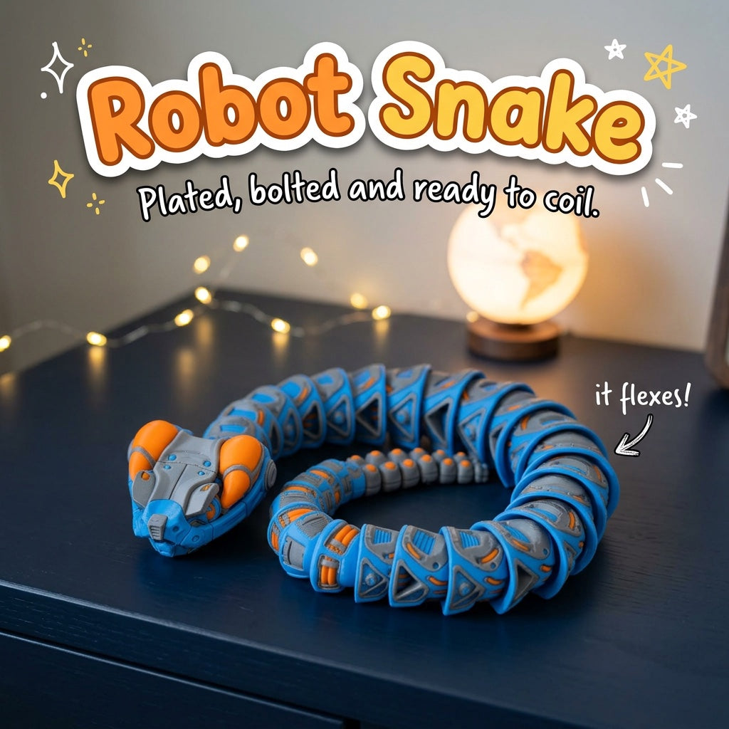 Robot Snake 3D printed articulated flexi toy by Cosmic 3D Creations, on a desk with star lights
