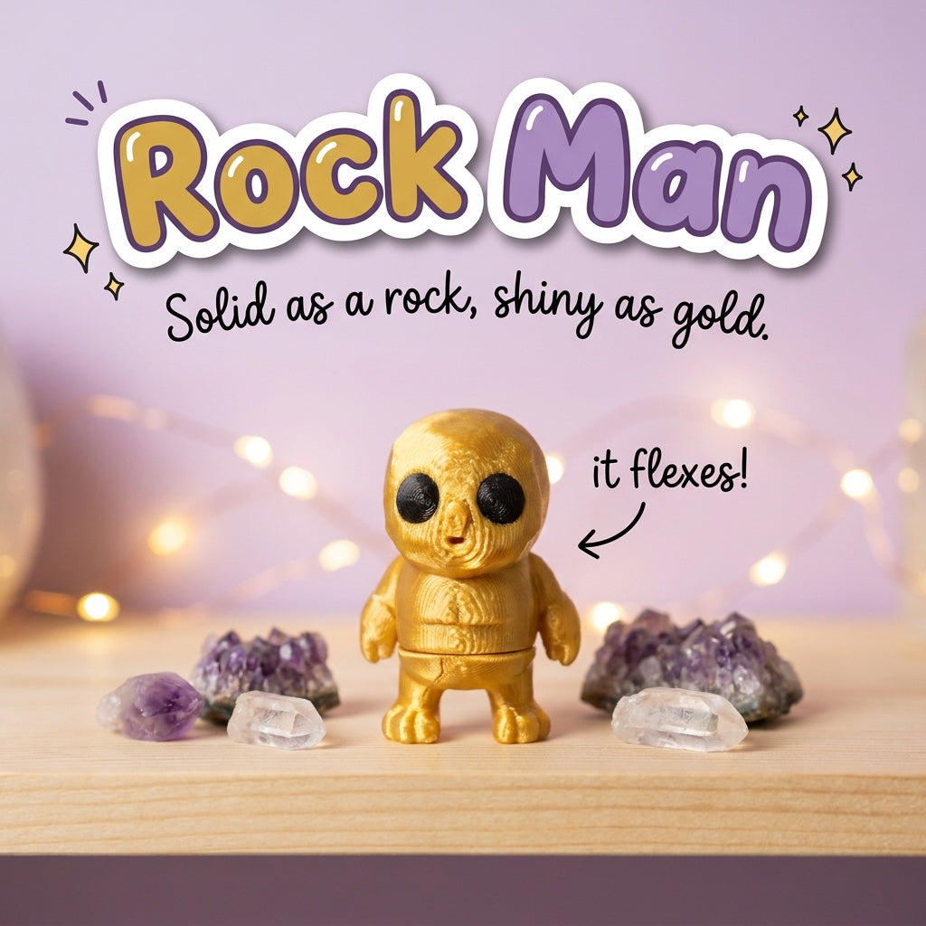 Rock Man 3D printed articulated flexi toy, on a shelf with crystals