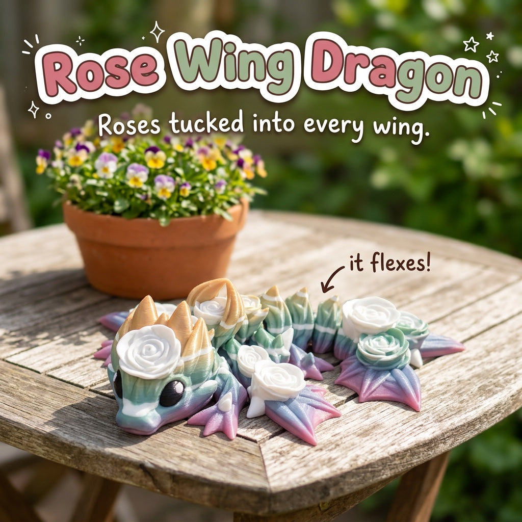 Rose Wing Dragon 3D printed articulated flexi toy by Cosmic 3D Creations, on a sunny garden table with flowers