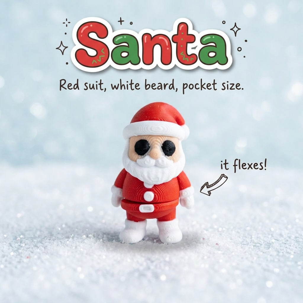 Santa 3D printed articulated flexi toy by Cosmic 3D Creations, on a frosty white surface