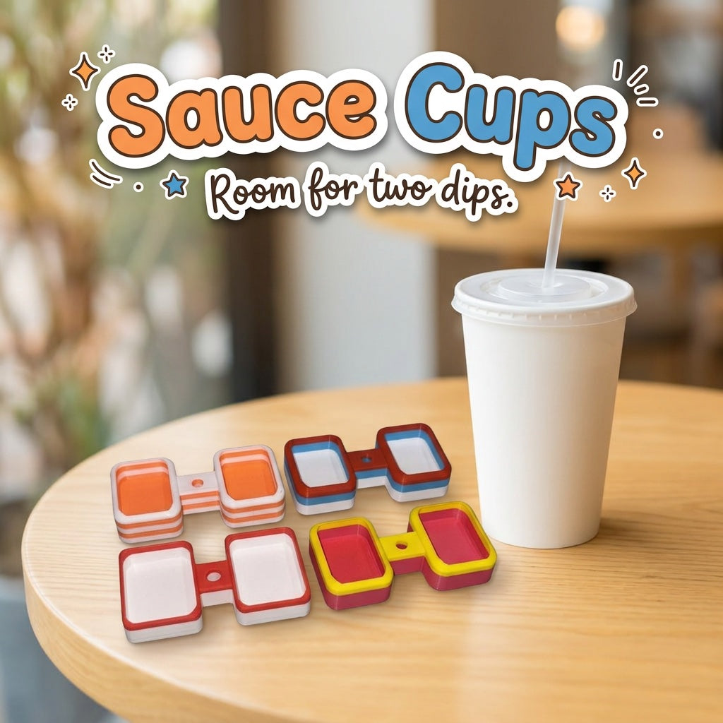 Sauce Cups 3D printed double sauce cup holders by Cosmic 3D Creations, on a cafe table next to a drink cup