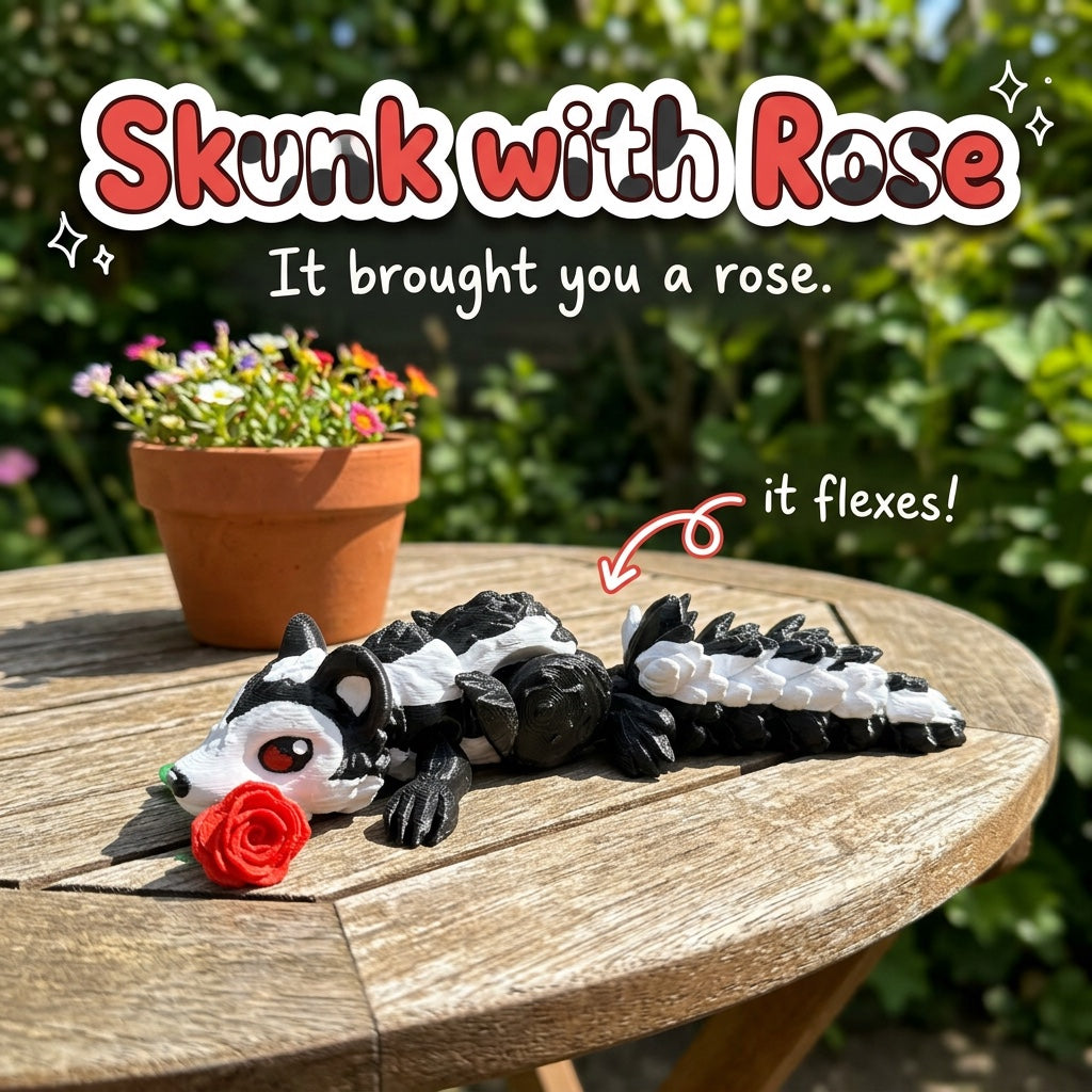 Skunk with Rose 3D printed articulated flexi toy by Cosmic 3D Creations, on a sunny garden table with flowers