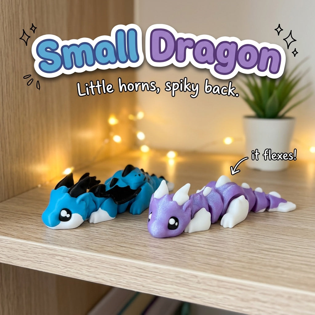 Small Dragon 3D printed articulated flexi toy by Cosmic 3D Creations, on a cozy shelf with fairy lights