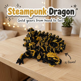 Steampunk Dragon 3D printed articulated flexi toy by Cosmic 3D Creations, on a cozy shelf with fairy lights