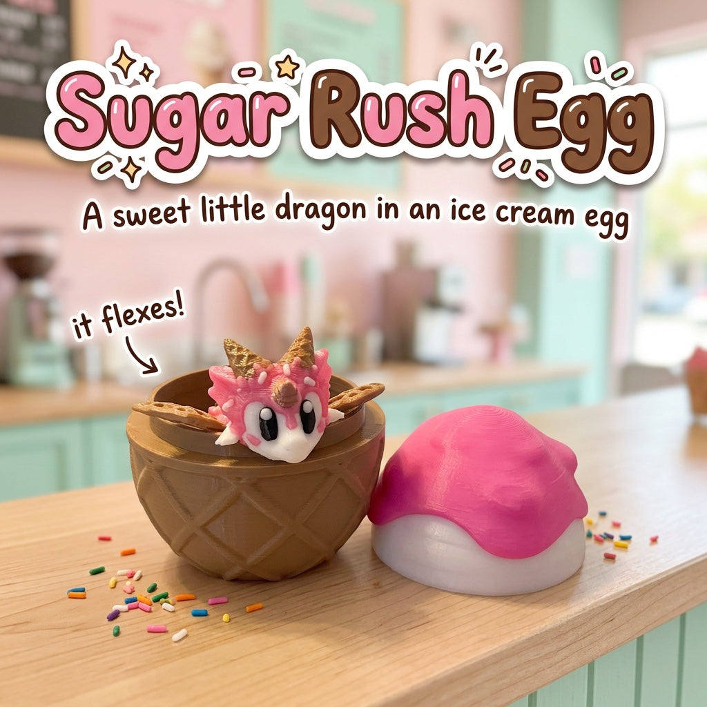 Sugar Rush Egg 3D printed dragon sitting in an ice cream cone egg with its scoop beside it