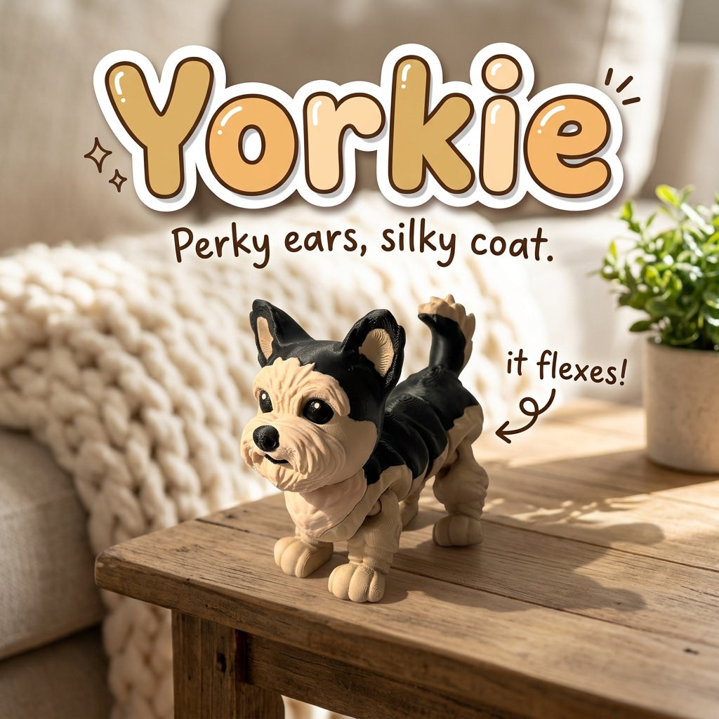 Yorkie 3D printed articulated flexi toy by Cosmic 3D Creations, on a cozy side table with a knit blanket
